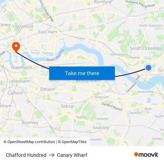 Chafford Hundred to Canary Wharf map