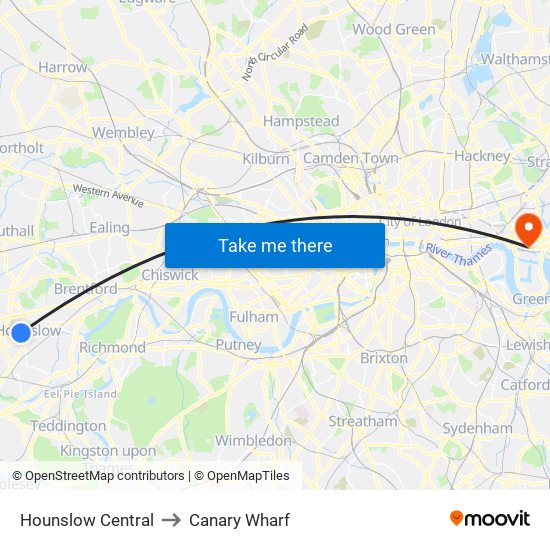 Hounslow Central to Canary Wharf map