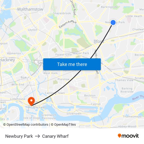 Newbury Park to Canary Wharf map