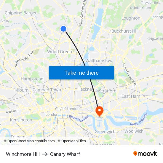 Winchmore Hill to Canary Wharf map