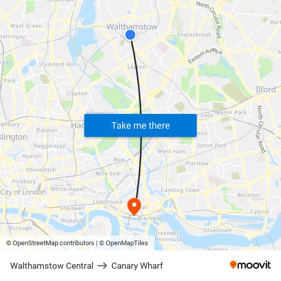 Walthamstow Central to Canary Wharf map
