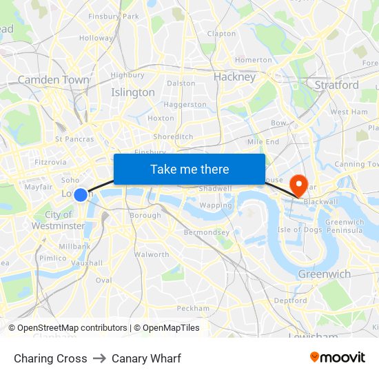 Charing Cross to Canary Wharf map