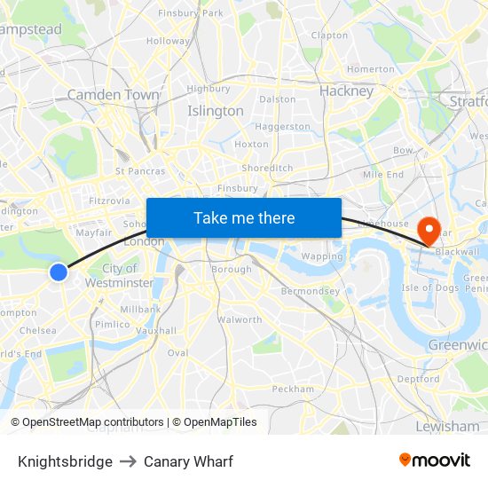 Knightsbridge to Canary Wharf map