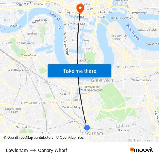 Lewisham to Canary Wharf map