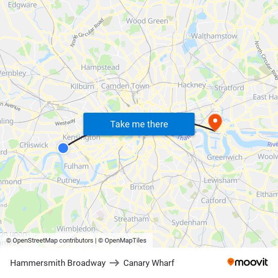 Hammersmith Broadway to Canary Wharf map