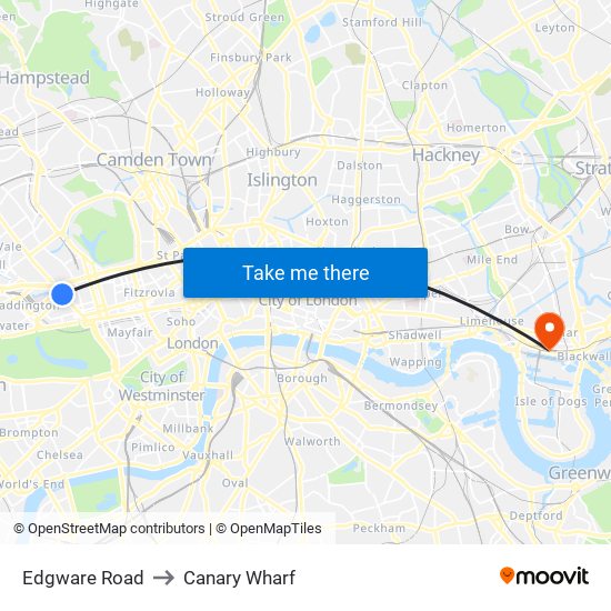 Edgware Road to Canary Wharf map