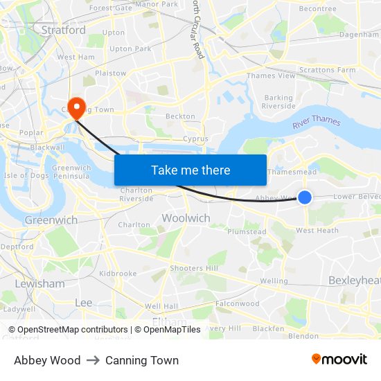 Abbey Wood to Canning Town map