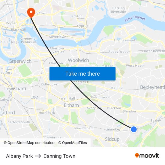 Albany Park to Canning Town map