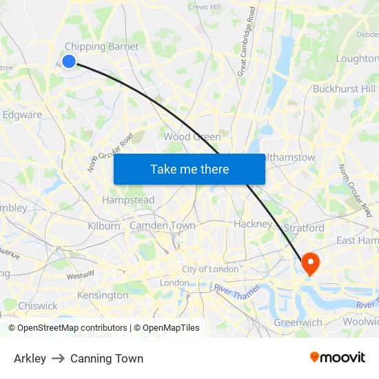 Arkley to Canning Town map