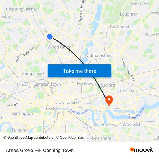 Arnos Grove to Canning Town map