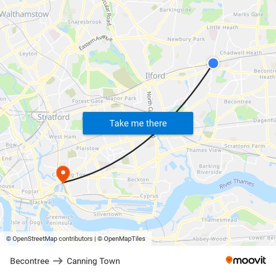 Becontree to Canning Town map