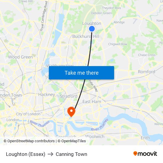 Loughton (Essex) to Canning Town map