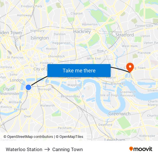 Waterloo Station to Canning Town map