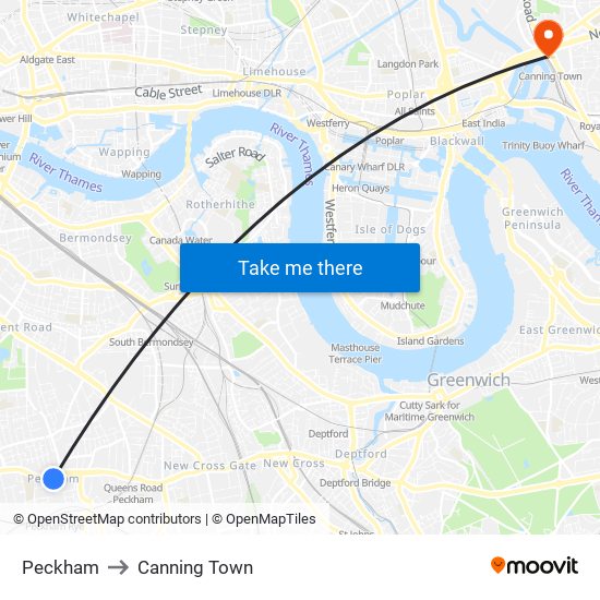 Peckham to Canning Town map