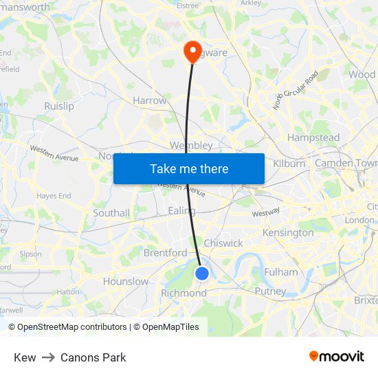 Kew to Canons Park map