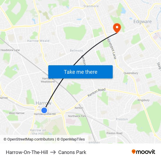 Harrow-On-The-Hill to Canons Park map