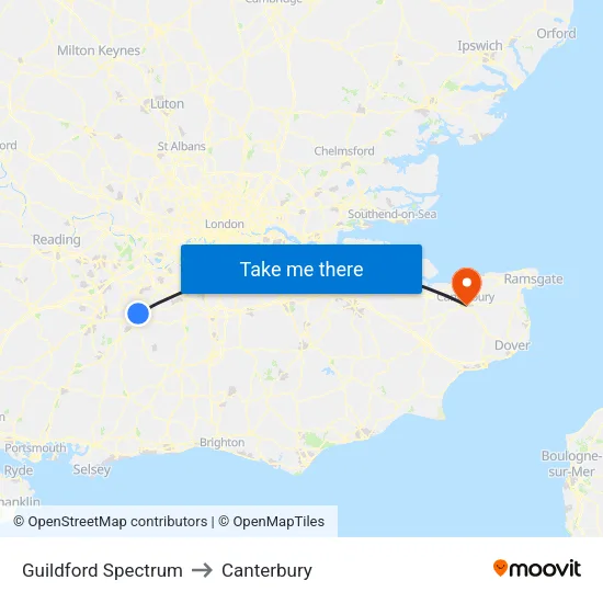 Guildford Spectrum to Canterbury map