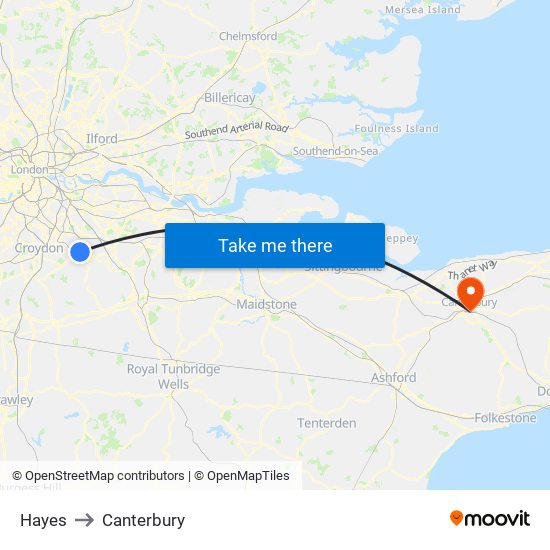 Hayes to Canterbury map