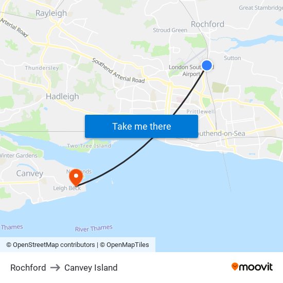 Rochford to Canvey Island map