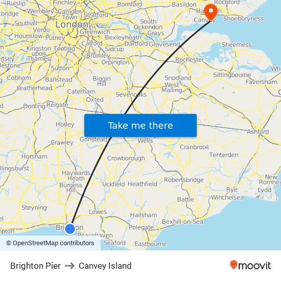 Brighton Pier to Canvey Island map