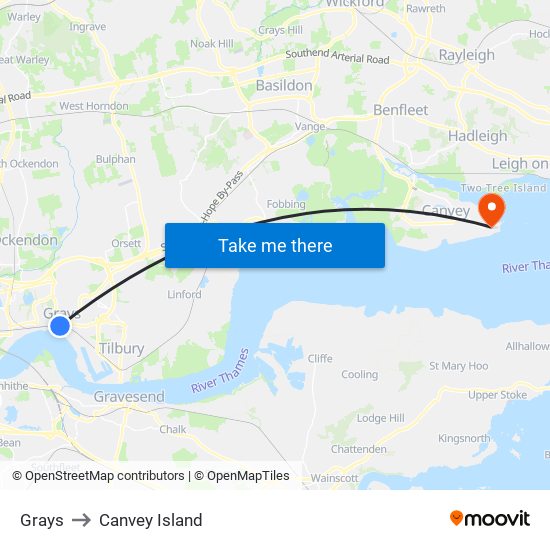 Grays to Canvey Island map