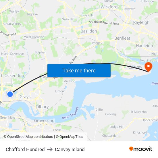 Chafford Hundred to Canvey Island map