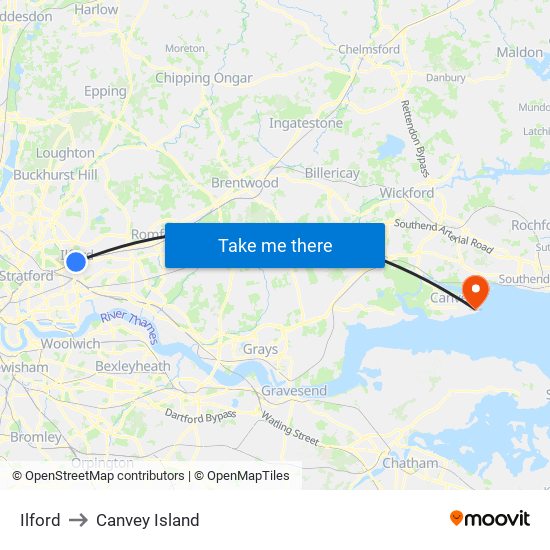 Ilford to Canvey Island map