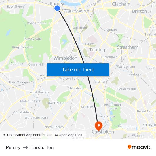 Putney to Carshalton map