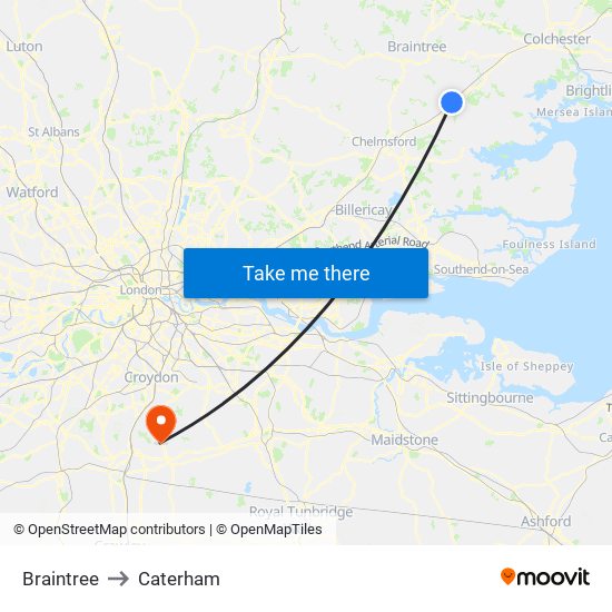 Braintree to Caterham map