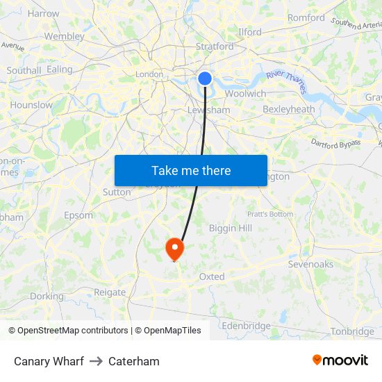 Canary Wharf to Caterham map