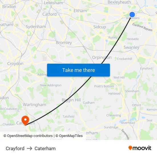 Crayford to Caterham map