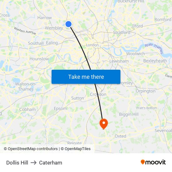 Dollis Hill to Caterham map