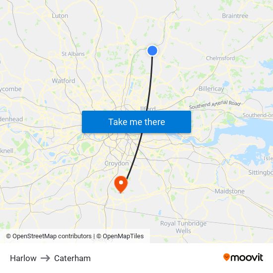 Harlow to Caterham map