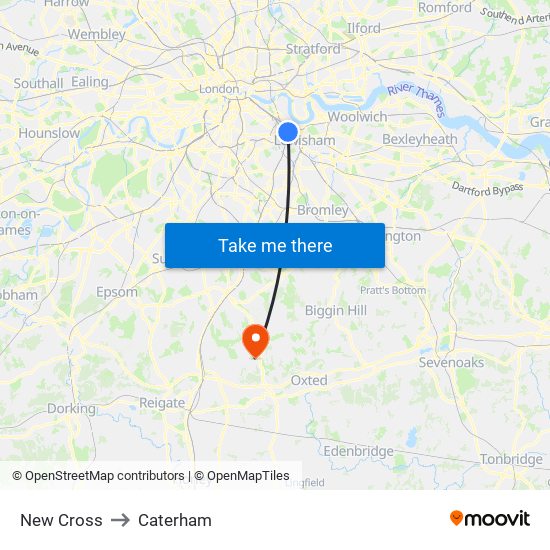 New Cross to Caterham map