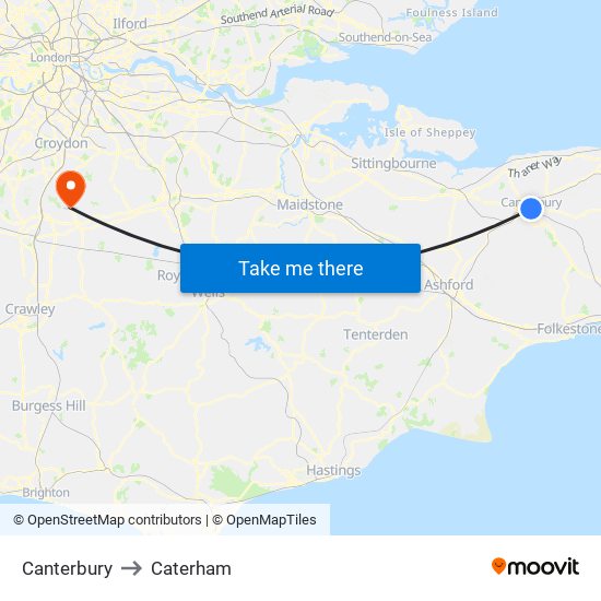 Canterbury to Caterham map