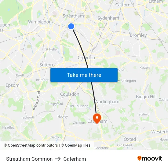 Streatham Common to Caterham map
