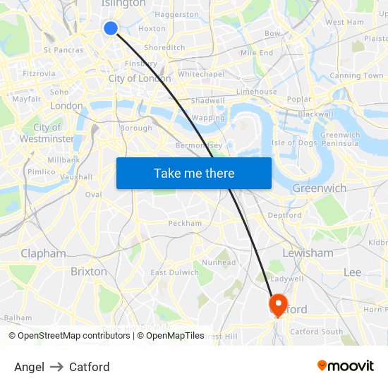 Angel to Catford map