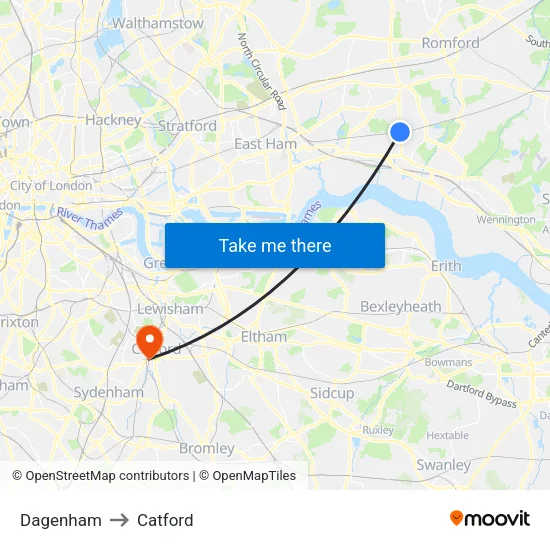 Dagenham to Catford map