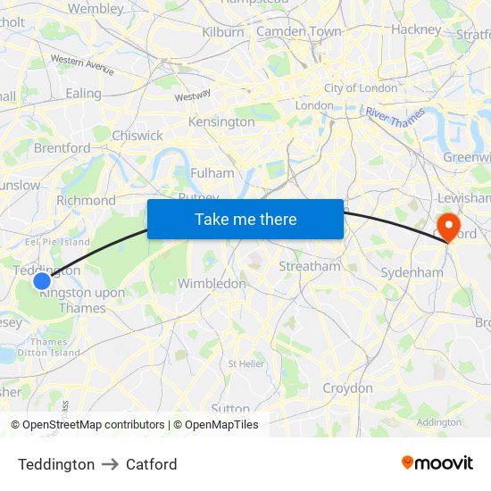 Teddington to Catford map