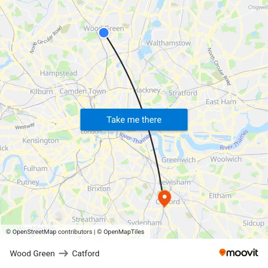 Wood Green to Catford map