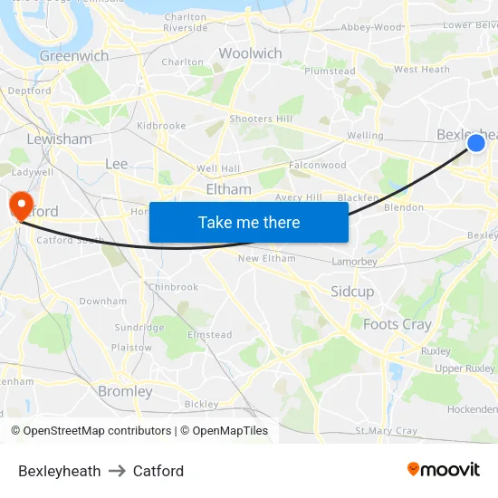 Bexleyheath to Catford map