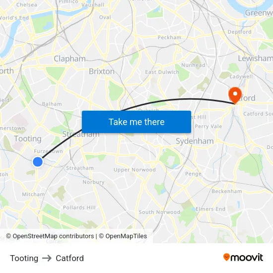 Tooting to Catford map