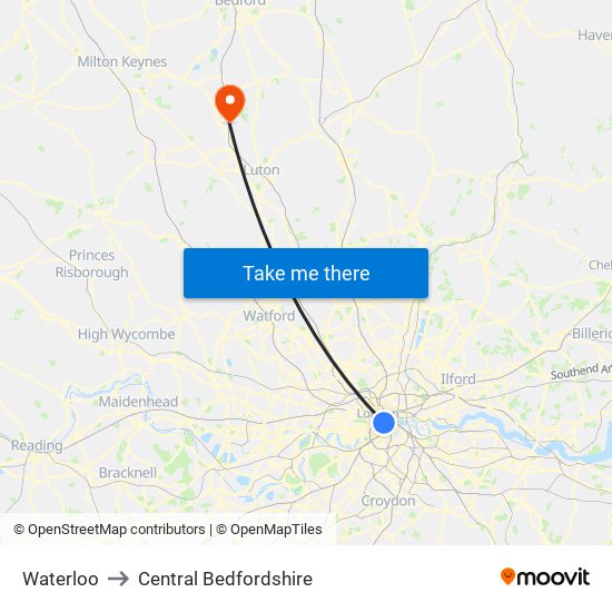 Waterloo to Central Bedfordshire map