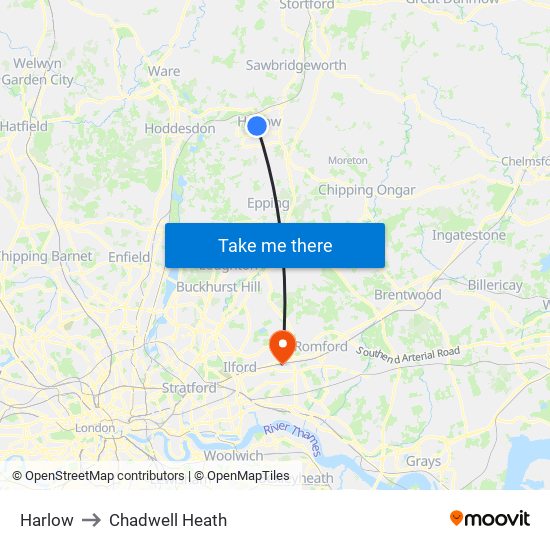 Harlow to Chadwell Heath map