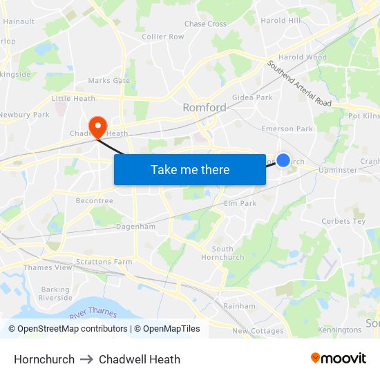 Hornchurch to Chadwell Heath map