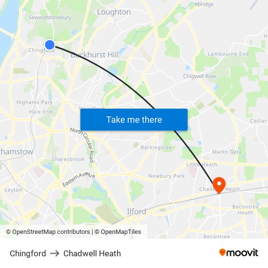 Chingford to Chadwell Heath map