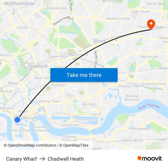 Canary Wharf to Chadwell Heath map