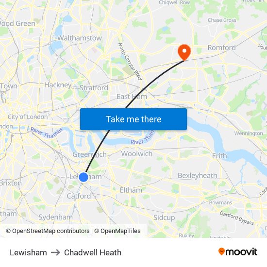 Lewisham to Chadwell Heath map