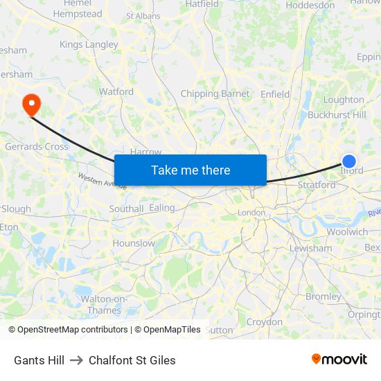 Gants Hill to Chalfont St Giles map