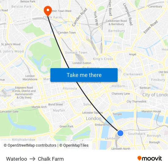 Waterloo to Chalk Farm map